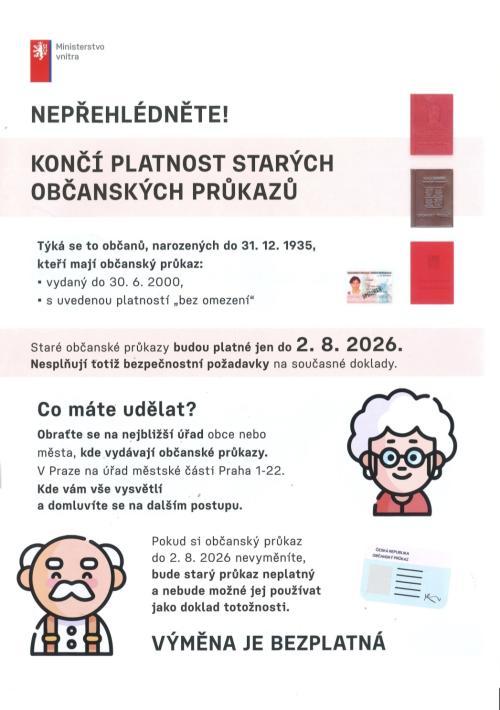 Ministerstvo vnitra upozorňuje občany narozené do 31. 12. 1935, že staré občanské průkazy, vydané do 30. 6. 2000 a s platností „bez omezení“, budou platné pouze do 2. 8. 2026. Po tomto datu budou neplatné, neboť nesplňují současné bezpečnostní požadavky. 
